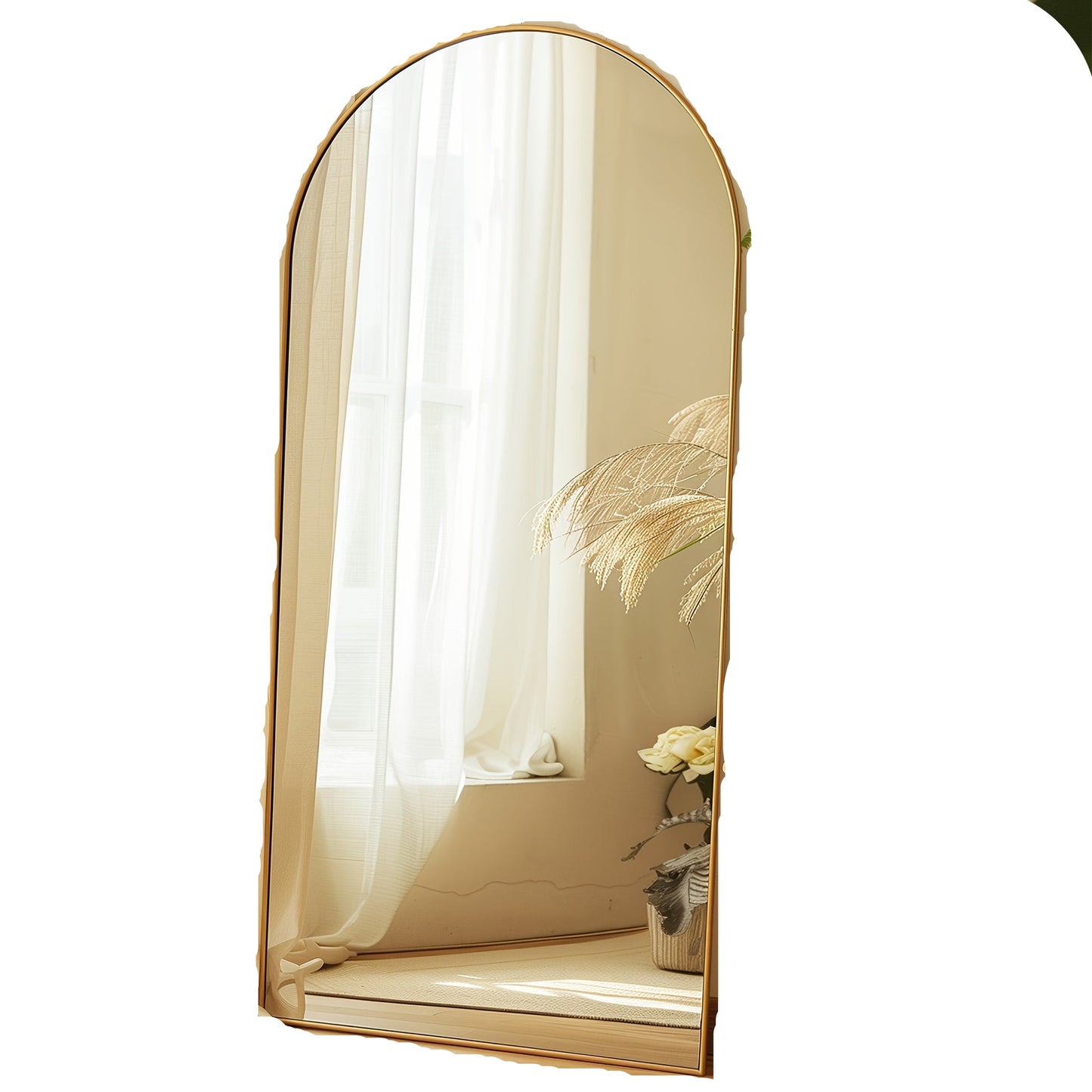Staande Spiegel – Vloerspiegel – Wandspiegel – Boogspiegel – Volledig Spiegelbeeld – 179 cm Hoog – Zwart-Gouden Metaal Frame