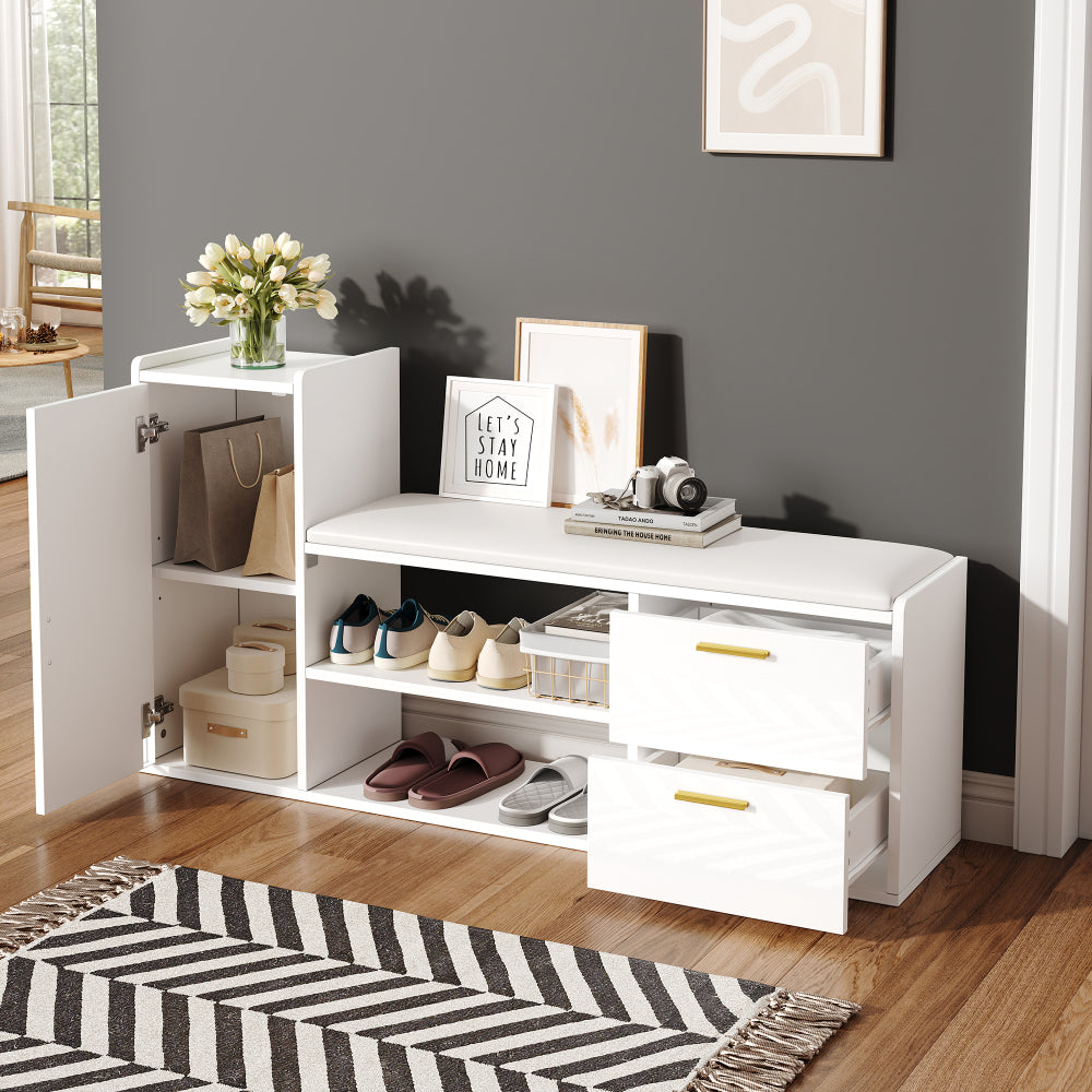 Modern White High-Gloss All-in-One Shoe Cabinet with Bench, Shoe Rack, 2 Drawers & Cupboard - Soft-Padded, -Standing Entryway Storage Furniture Suitable for, Hallway, Office - Space-Saving Organization, Easy Assembly