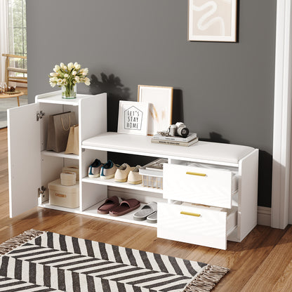 Modern White High-Gloss All-in-One Shoe Cabinet with Bench, Shoe Rack, 2 Drawers & Cupboard - Soft-Padded, -Standing Entryway Storage Furniture Suitable for, Hallway, Office - Space-Saving Organization, Easy Assembly