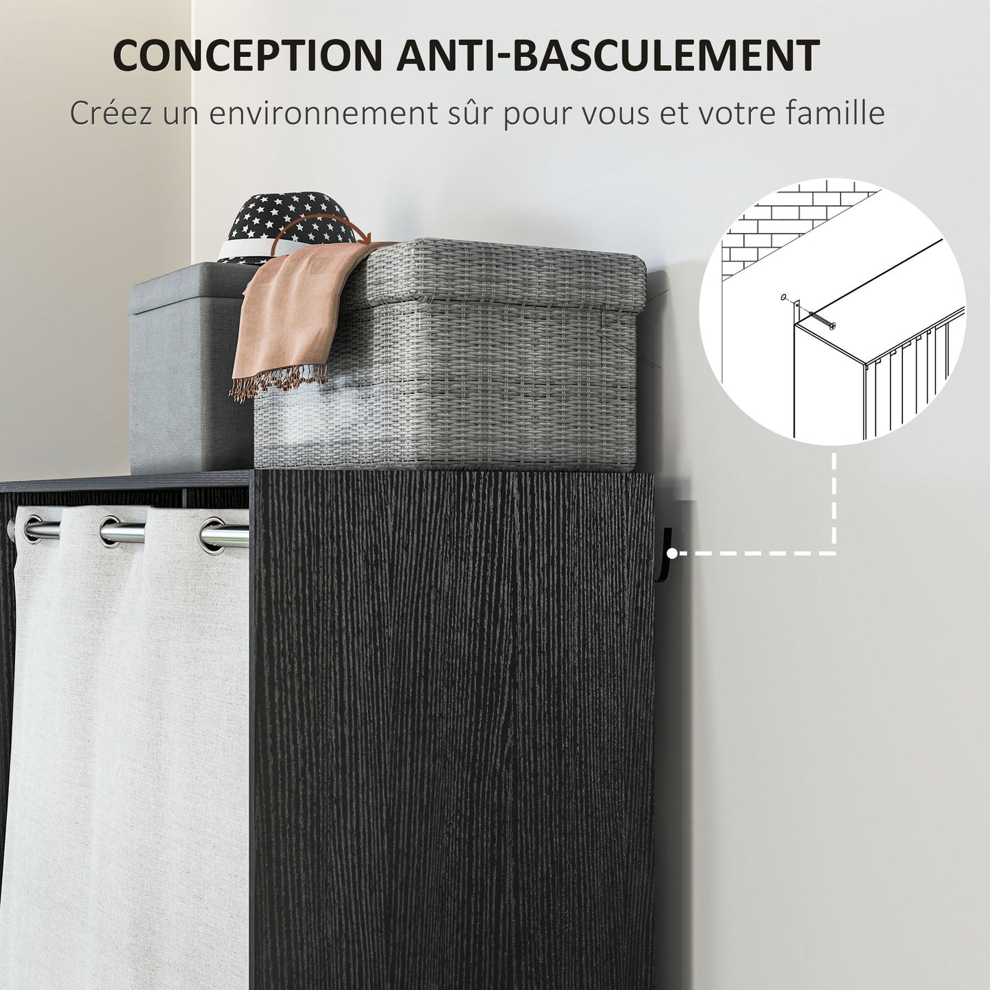 Kledingkast – Kast – Garderobekast – Kledingopslag – Slaapkamerkast – Met Gordijn – 117,5 cm Kledingroede – 3 Uitneembare Stoffen Lades – Zwarte Houtlook – 105x48x160 cm