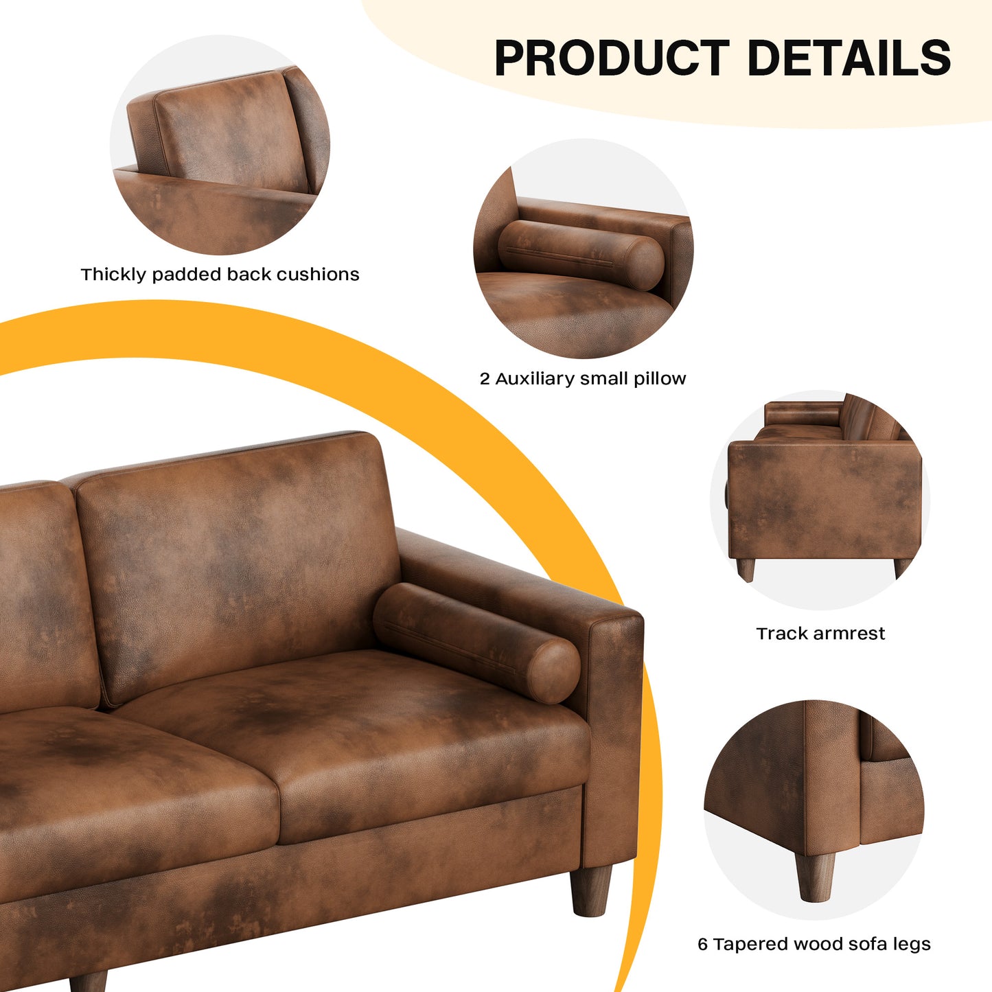 Modern 3-Seater Sofa Couch with Thick PU Leather Cushions & Pillows - -Assembly Wide, Sturdy Frame Suitable for Living Room, Bedroom, Office - Spacious Contemporary Sofa for Families & for While Back (Assembly Required)