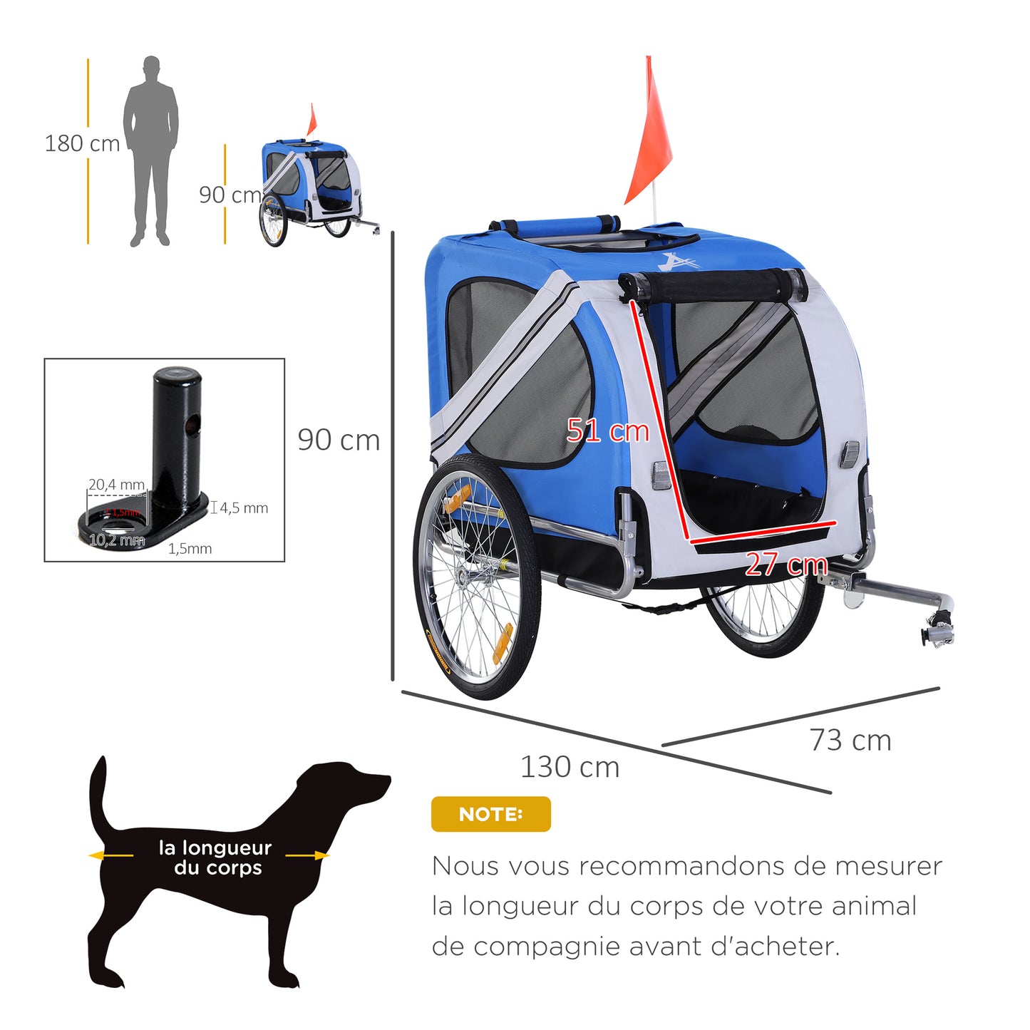 Fietskar Hond – Hondenfietskar – Hondenkar – Fietsaanhanger – Dierenkar – Stalen Frame – Waterdicht Oxford Polyester – Max 30 Kg – Wit Blauw – Met Reflectoren en Vlag