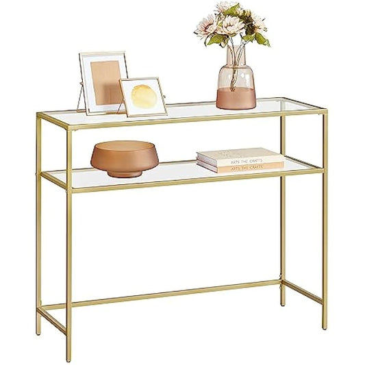 Bijzettafel - Haltafel - Woonkamer - Smalle Console - Woonkamer - 100 cm x 35 cm x 80 cm - Goud - QUORE