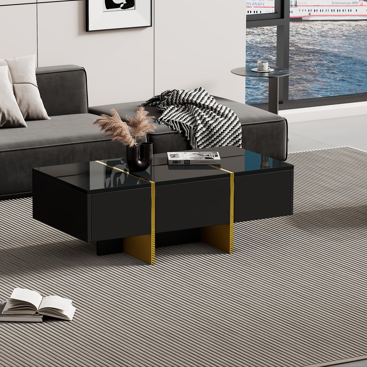 Salontafel – Koffietafel – Woonkamertafel – Bijzettafel – Tafel met Lades – Hoogglans Zwart – Ruimtebesparend Ontwerp – Vier Lades