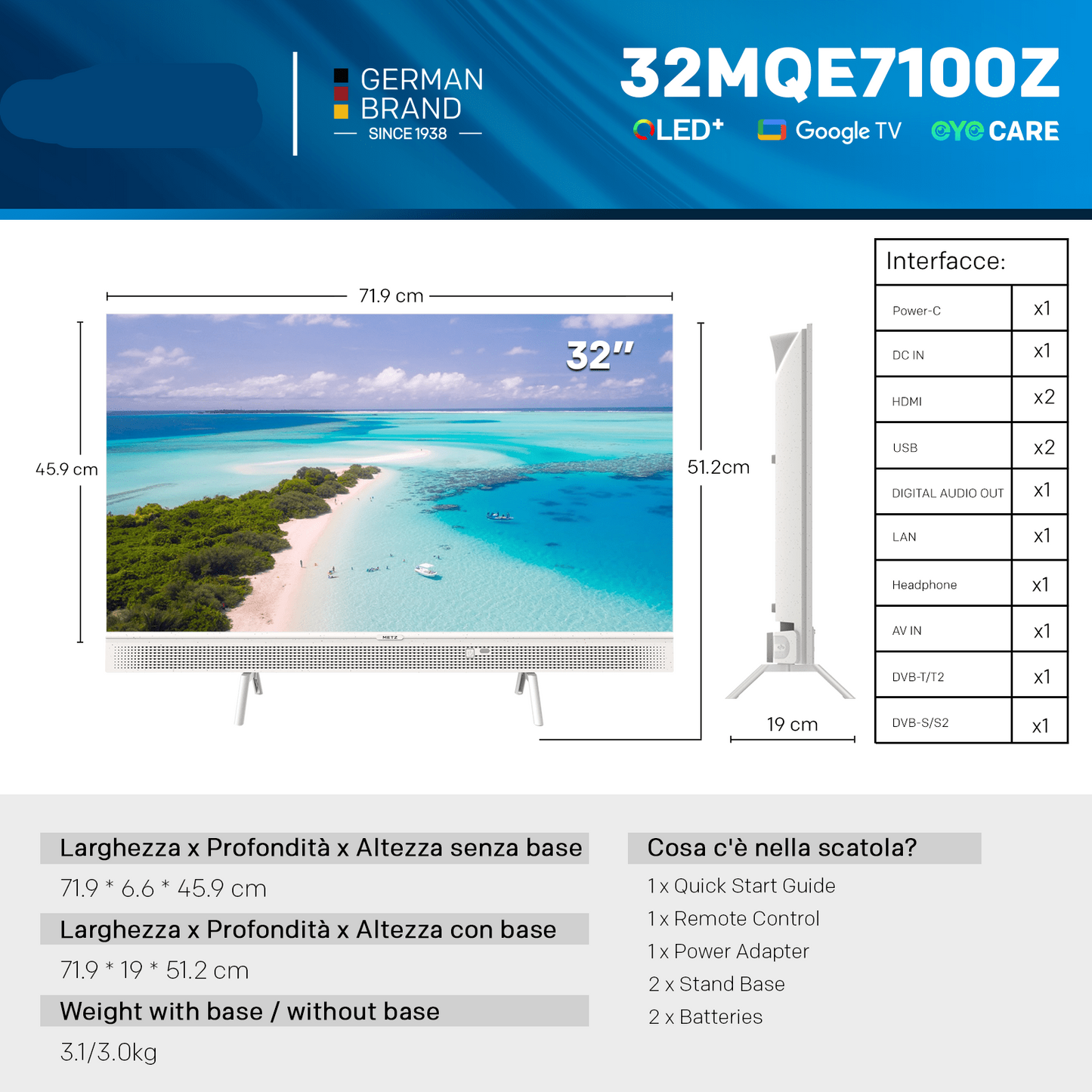 32” QLED Smart TV – Draagbare Televisie – HD Monitor – Mobiele TV – Compact Scherm – Handvat – Google TV – HDR10 Display – Bluetooth Geluid