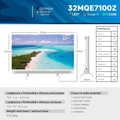 32” QLED Smart TV – Draagbare Televisie – HD Monitor – Mobiele TV – Compact Scherm – Handvat – Google TV – HDR10 Display – Bluetooth Geluid