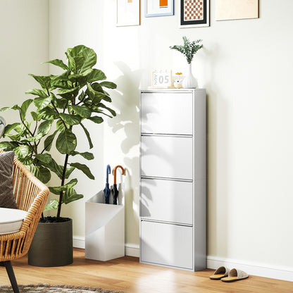 Schoenenkast – Schoenenrek – Schoenenopberger – Schoenenbank – Smalle Metalen Kast – 4 Kantelbare Lades – Geschikt Voor 8 Paar Schoenen – Wit