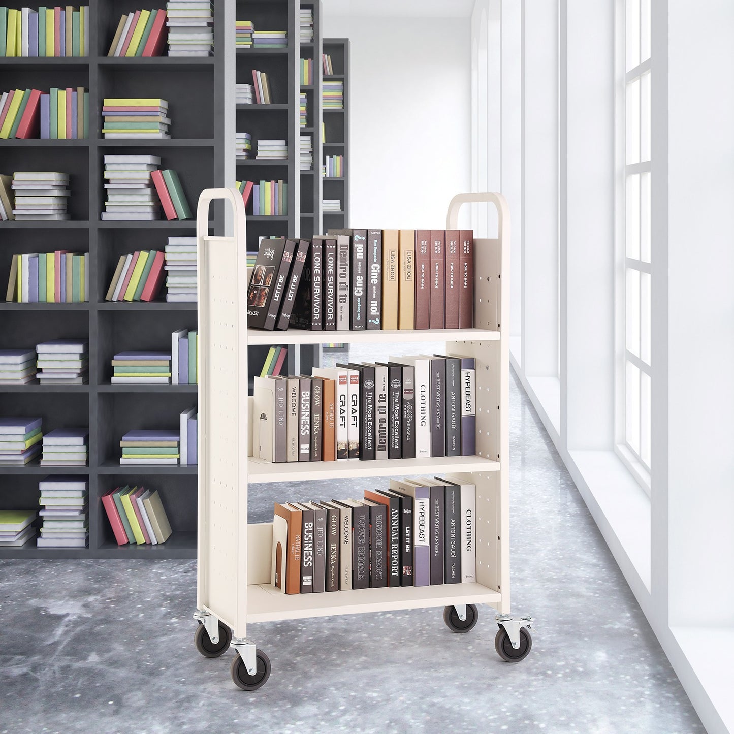 Boekwagen – Boekenwagen – Transportwagen – Bibliotheekwagen – Karretje – Stevige Koolstofstaal Constructie – 150 kg Draagkracht Met 360° Zwenkwielen en Remfunctie