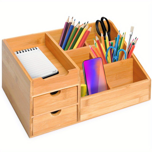 Bureaula Organizer – Bureau Organizer – Pennenhouder – Opbergdoos – Lade Organizer – Natuurlijk Bamboe – 33 x 20,5 x 15,5 cm – 2 Lades