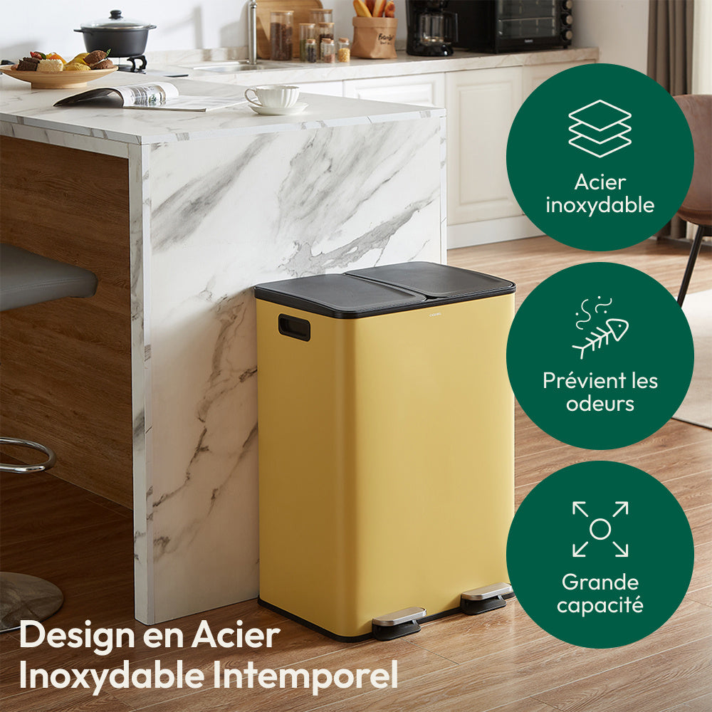 Afvalemmer keuken – prullenbak – vuilnisbak – afvalbak – recyclebak – 60 liter dubbele compartimenten – roestvrij staal geborsteld
