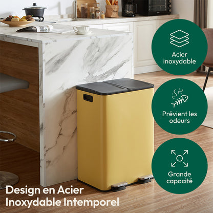 Afvalemmer keuken – prullenbak – vuilnisbak – afvalbak – recyclebak – 60 liter dubbele compartimenten – roestvrij staal geborsteld