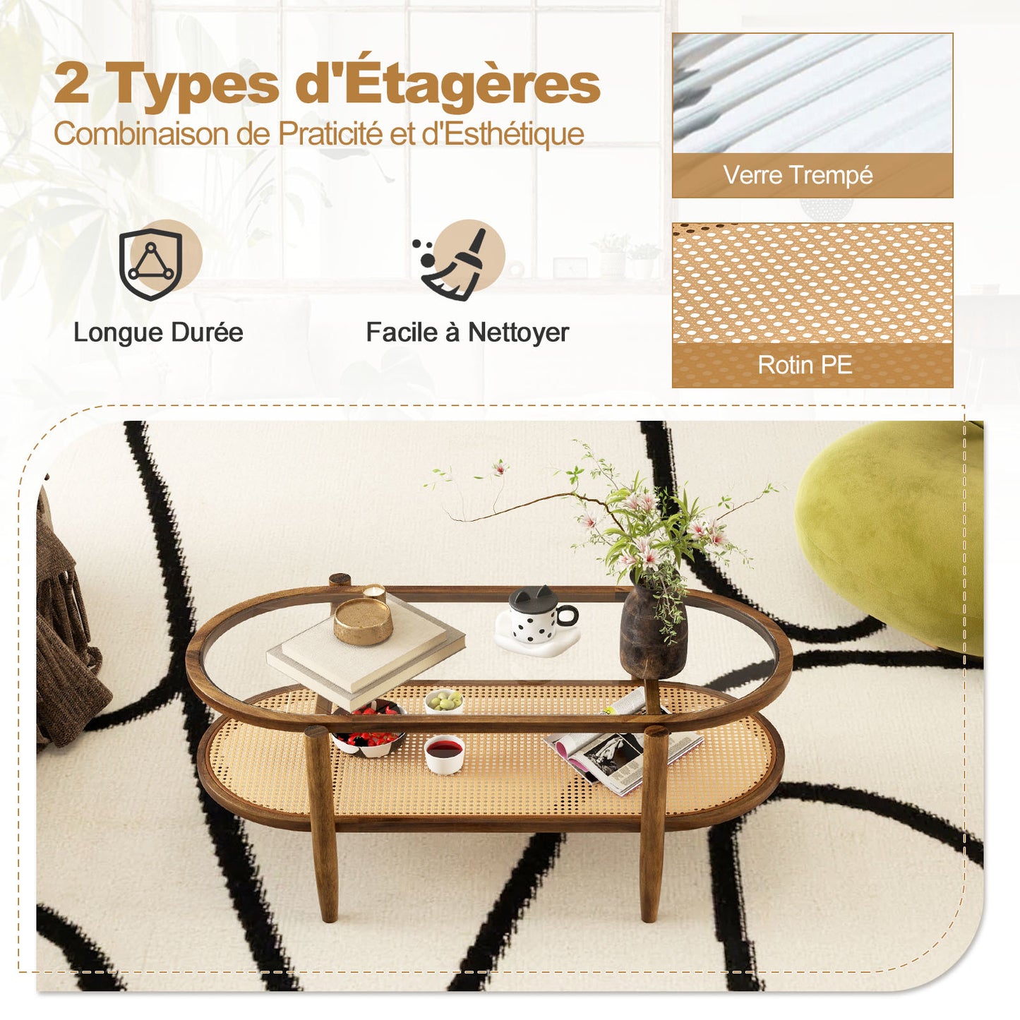 Salontafel – Koffietafel – Woonkamertafel – Bijzettafel – Tafel – Acaciahout – 2 Laags – Mid-Century Modern Rechthoekig 100x50x45 cm