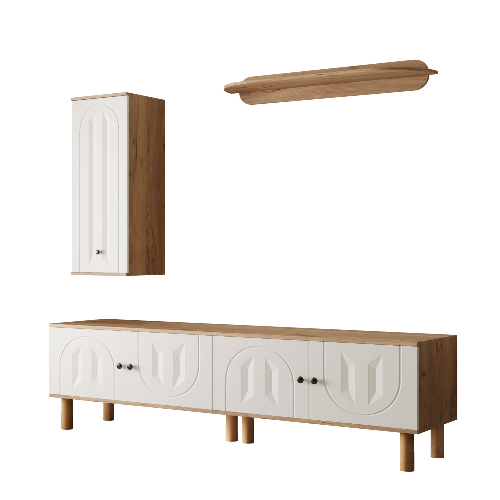 tv meubel – tv dressoir – tv kast – media meubel – wandmeubel – drieluik woonkamermeubel – wit met houtdetails – ruimtebesparend design