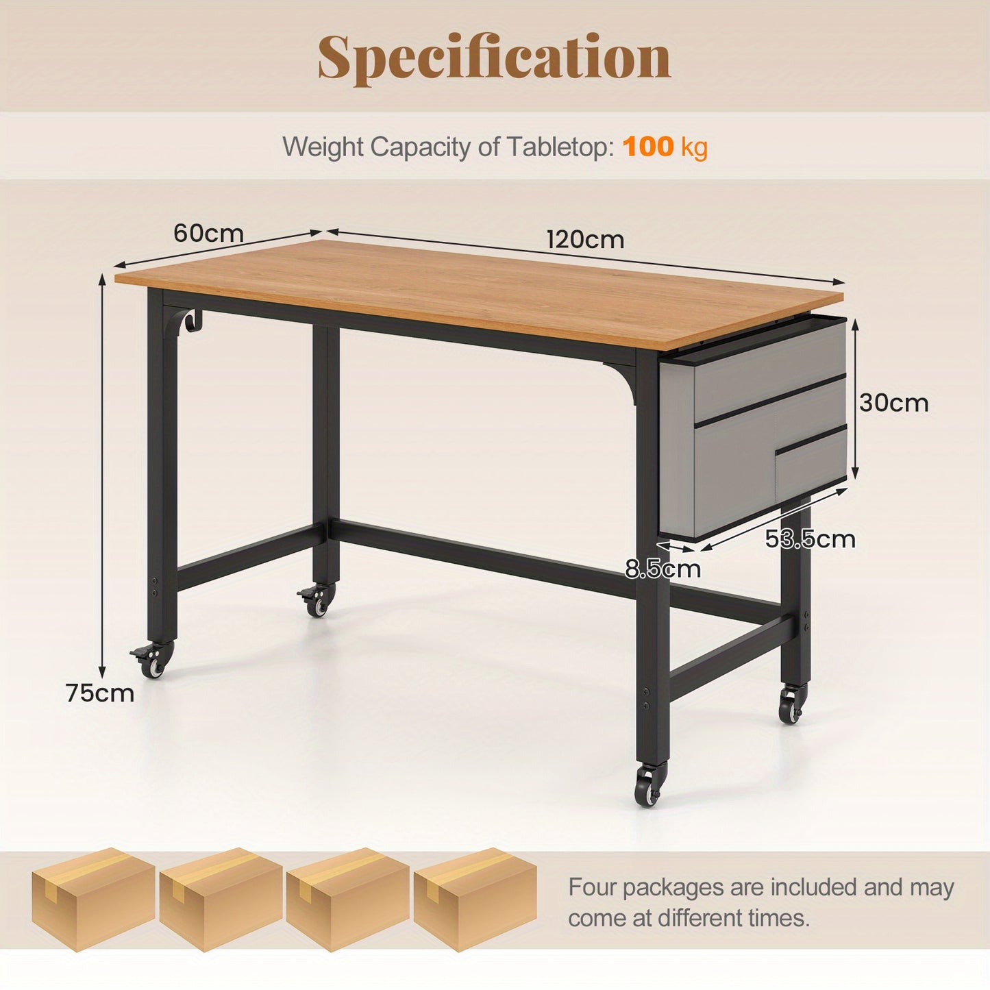 Bureautafel – Computerbureau – Computertafel – Laptoptafel – Werktafel – Mobiel met Wieltjes – 120x60 cm – Houtkleur Met Metaal