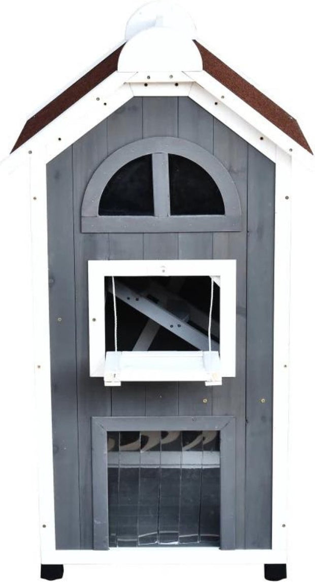 Kattenhuis - voor Ouiten - Hok - Kooi - Bench - Ren - 2 Verdiepingen - Duurzaam - Grijs