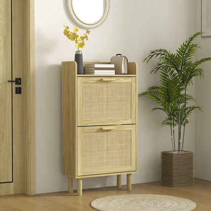 HOMCOM Shoe Rack 2-Door Cabinet 12 Pairs, Woven Rattan Effect Bohemian Design - Dimensions: 80L X 24.5W X 110H Cm Natural