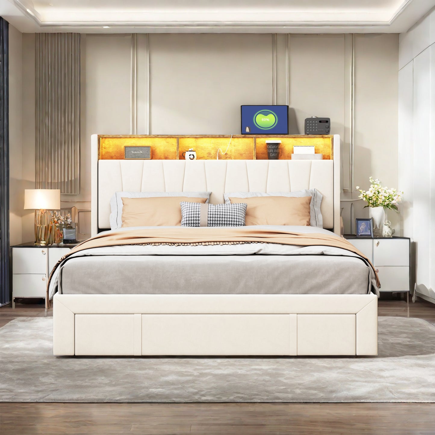 Tweepersoonsbed – Dubbelbed – Queensize Bed – Slaapbank – Bedframe – Fluwelen Bedframe – 160x200 cm – LED Verlichting en USB Poort – 4 Opbergladen