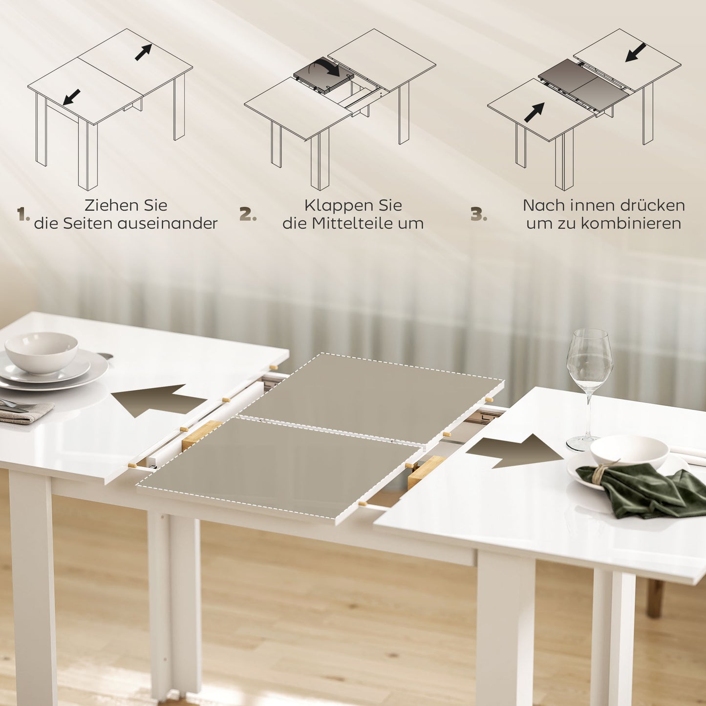 Uitklaptafel – Klaptafel – Vouwtafel – Uitschuiftafel – Eettafel – Hoogglans Wit – Uitschuifbaar 120-160 cm – Ruimtebesparend Design