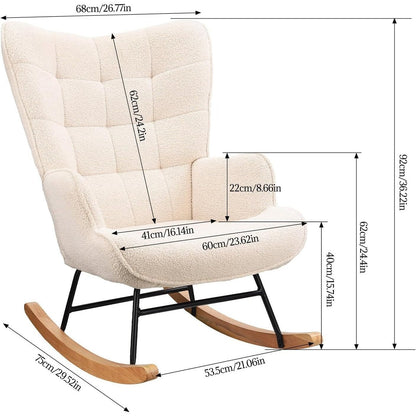 Schommelstoel – Relaxstoel – Schommelstoel Woonkamer – Plush Fluwelen Stoel – Leesstoel – Comfortabel – Hoogwaardige Schuimvulling – Stevig Metaal & Houten Frame – Wit