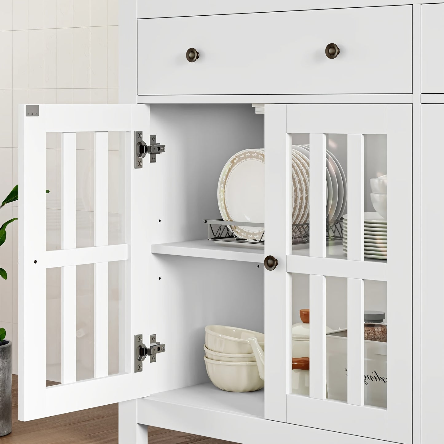 Dressoir – Sideboard – Opbergkast – Buffetkast – Kast – Wit – 140x90,7x40 cm – 2 Lades & 4 Glazen Deuren – Verstelbare Planken – Spaanplaat – Stevig & Ruim