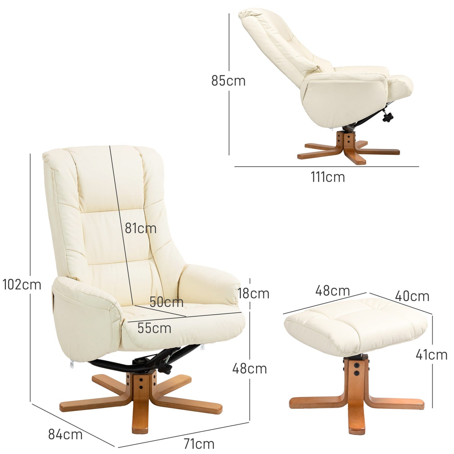 Relaxfauteuil – Relaxstoel – Stoel Met Voetenbank – Loungefauteuil – Fauteuil Crèmewit – Verstelbare Rugleuning – Kunstleer, Draagkracht 150 kg