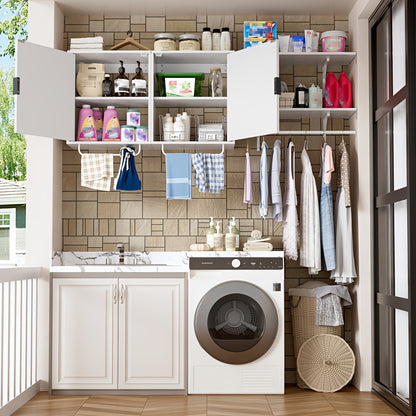 Waskamerkast – Wandkast – Opbergkast – Kledingkast – Badkamerkast – 166 cm Breed – Hoogwaardig Houtmateriaal – 3 Hangstangen & Verstelbare Planken – Fris Wit