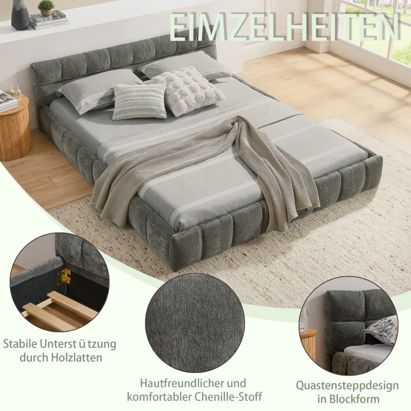 Bedframe – Tweepersoonsbed – Dubbelbed – Slaapbank – Eenpersoonsbed – Chenille Bekleding – 140x200 cm – Ecologisch Eucalyptus Hout – Stabiel IJzeren Frame – Donkergrijs – Eenvoudige Montage