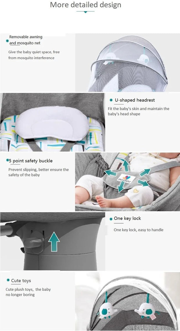Automatische Wieg - Elektrische Wieg - Zelf bewegende Wieg - Elektrische ledikant - Babybedje - Schommelwieg - Smartwieg - Baby Zitje - Verstelbaar - Timer - Veiligheidsriem - Klamboe - Hemeltje - Hoofdkussen - Afstandsbediening - Audiosysteem