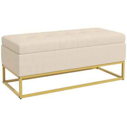 Opbergbank – Opbergmeubel – Zitbank – Halbank – Fluwelen Bank Beige – Met Opbergruimte – Goudkleurige Stalen Poten – 110x44x49 cm