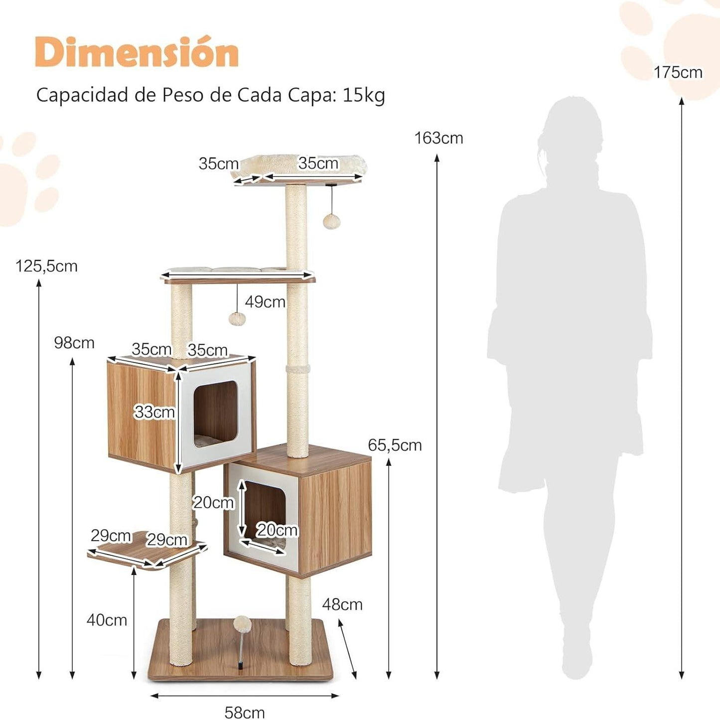 Krabpaal – Krabboom – Krabton – Kattenmeubel – Klimpaal – 163 cm Hoog – Natuurlijke Sisal Bekleding – Wasbare Kussens