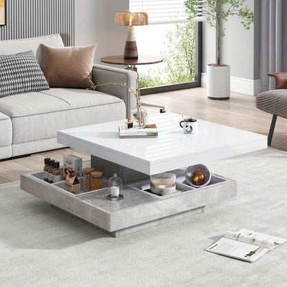 Sofa Tafel – Salontafel – Bijzettafel – Banktafel – Woonkamer Tafel – 360° Draaibaar Bovenblad – Wit Marmer MDF – Dubbel Laags – Uitbreidbaar Art Deco Design