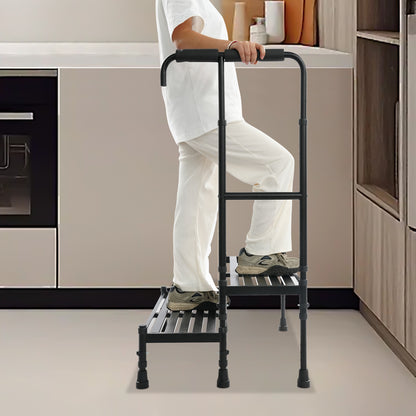 Heavy-Duty Step Stool with Handle & Adjustable Handrail - 2-Step Ramp Suitable for, Seniors, Mobility Aid - Sturdy Metal Stepping Stool with Wide Steps & Rubber Feet for Bed, Car, Use