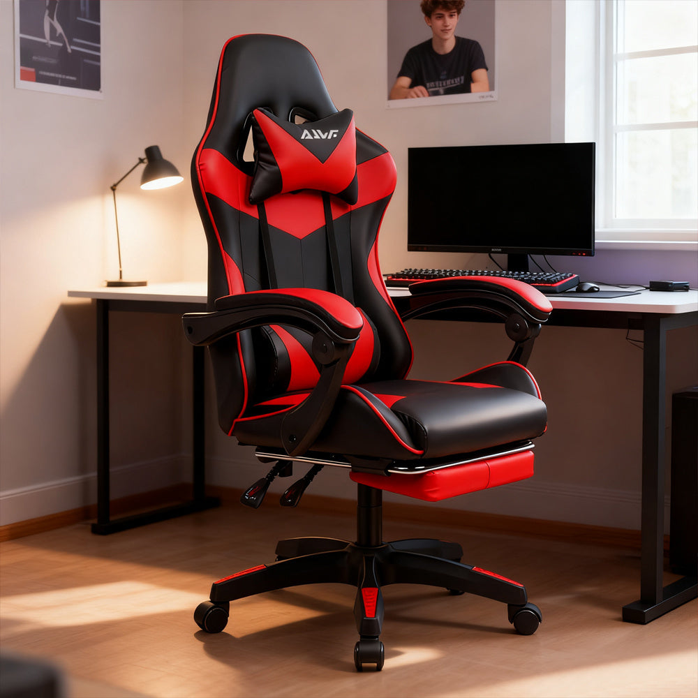 Gamingstoel – Gamestoel – Gaming Chair – Bureaustoel – Game Stoel – Ergonomisch Design – Verstelbare Lendensteun & Draaibare Hoofdsteun – Rood Kunstleer – Hoog Zitcomfort