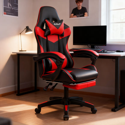 Gamingstoel – Gamestoel – Gaming Chair – Bureaustoel – Game Stoel – Ergonomisch Design – Verstelbare Lendensteun & Draaibare Hoofdsteun – Rood Kunstleer – Hoog Zitcomfort