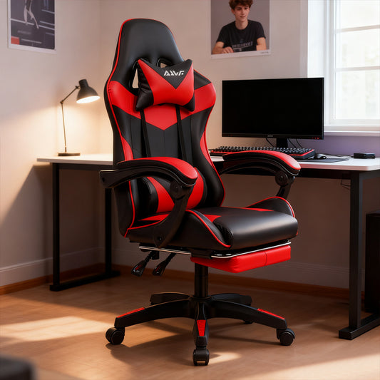 Gamingstoel – Gamestoel – Gaming Chair – Bureaustoel – Game Stoel – Ergonomisch Design – Verstelbare Lendensteun & Draaibare Hoofdsteun – Rood Kunstleer – Hoog Zitcomfort