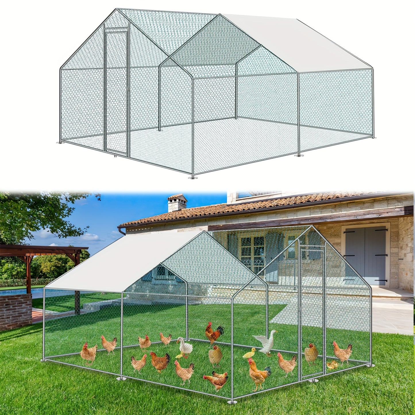 Kippenren – Kippenhok – Buitenren – Pluimveestal – Ren Voor Kleine Dieren – Gegalvaniseerd Staal – 3x2x2 Meter – UV-Bestendig Zonnezeil