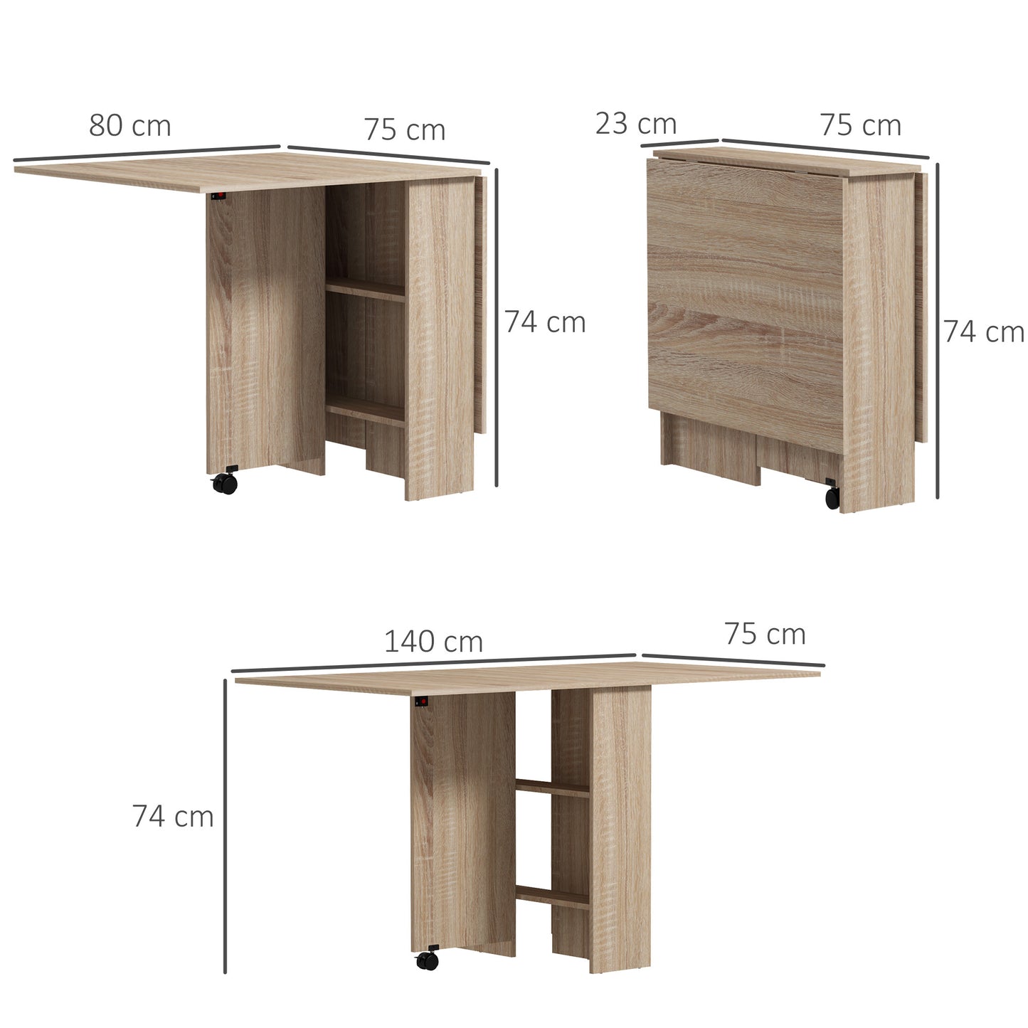 Inklapbare Eettafel – Opklapbare Tafel – Uitklapbare Tafel – Klaptafel – Tafel Op Wieltjes – 140x80x74 cm – Natuurlijk Hout – Met 2 Opklapbare Bladen En 2 Planken
