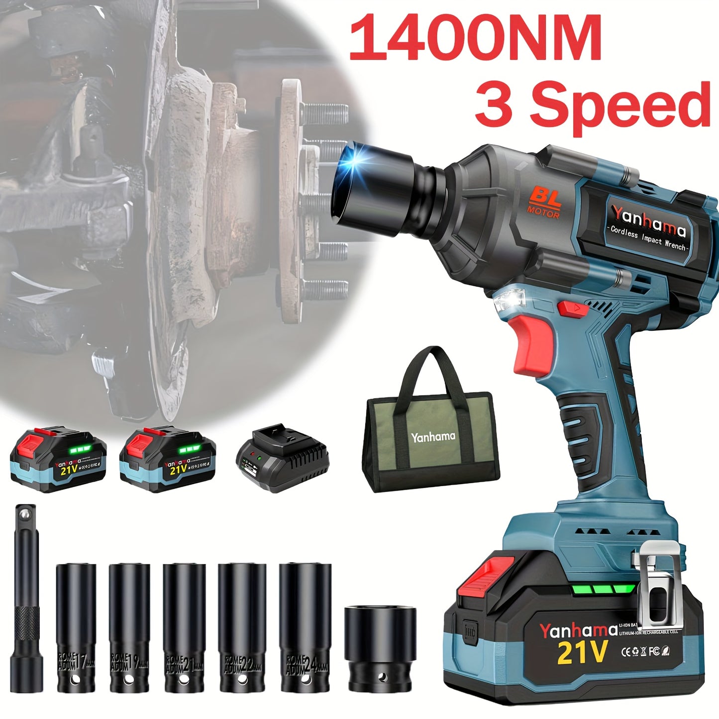 Draadloze Slagmoersleutel – Elektrische Momentsleutel – Accu Slagschroevendraaier – Batterij Slagmoersleutel – Blauw – 1400 N.M Koppel – Dubbele Lithium-ion Batterij
