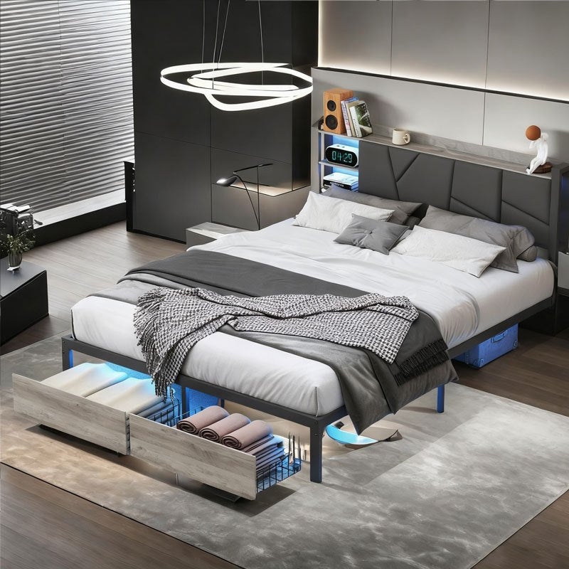 Tweepersoonsbed – Dubbelbed – Bedframe – Slaapbank – Opbergbed – 160 x 200 cm – PU Kunstleer Zwart – USB Poorten & LED Verlichting – Met Lade Opbergruimte