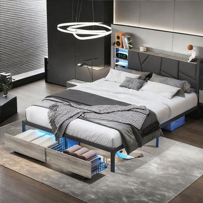 Tweepersoonsbed – Dubbelbed – Bedframe – Slaapbank – Opbergbed – 160 x 200 cm – PU Kunstleer Zwart – USB Poorten & LED Verlichting – Met Lade Opbergruimte