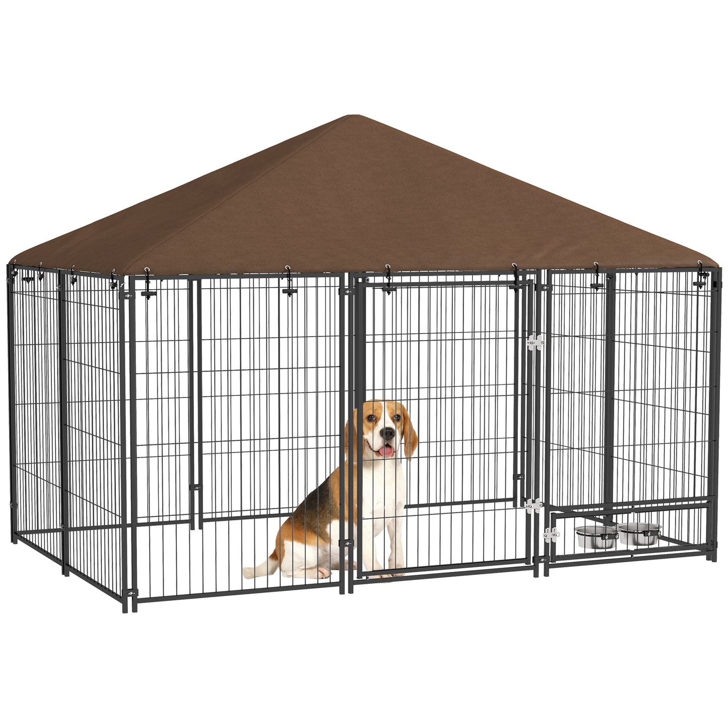 Hondenkennel – Hondenhok – Hondenren – Buitenkennel – Hondenverblijf – Stevig Stalen Frame – Weerbestendig Oxford Dak – Voederdeur Met Bakjes – Ruim 211x141x151 cm – Chestnut
