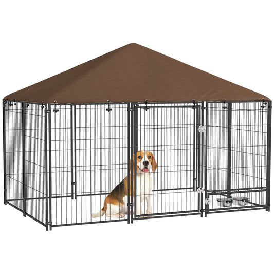 Hondenkennel – Hondenhok – Hondenren – Buitenkennel – Hondenverblijf – Stevig Stalen Frame – Weerbestendig Oxford Dak – Voederdeur Met Bakjes – Ruim 211x141x151 cm – Chestnut