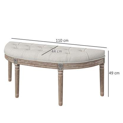Halvemaanbankje – Halfronde Bank – Zitbankje – Entreebank – Sierbank – Crèmekleur – Massief Hout – Linnen Bekleding – Louis XVI Stijl – Compact 110x44x49 cm – Comfortabele Gevoerde Zitting