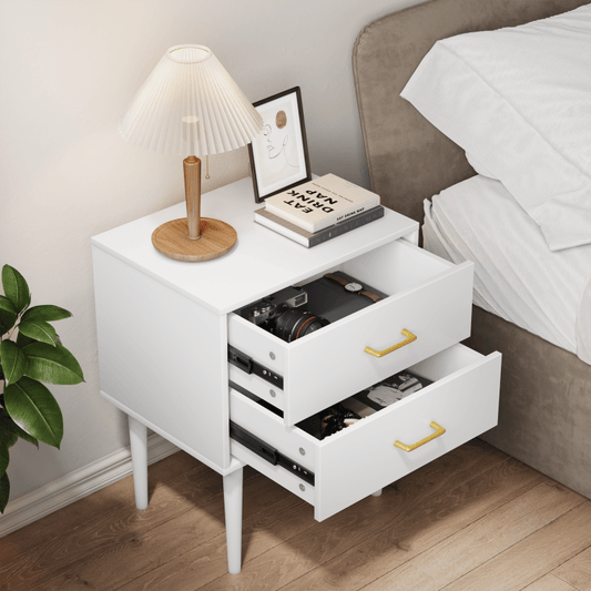Nachtkastje – Bijzettafel – Ladekastje – Bedtafel – Opbergkast – Wit – 2 Lades – Houten Pootjes – Compact & Modern Design