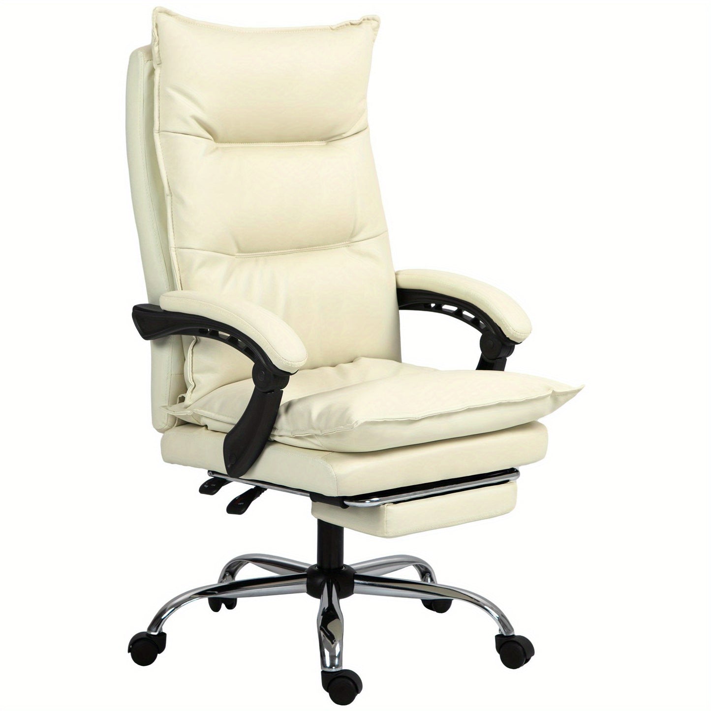 Bureaustoel – Kantoorstoel – Office Chair – Werkstoel – Bureau Stoel – Ergonomisch Design – Verstelbare Zithoogte 55-63 cm – Ingebouwde Voetensteun – Beige Kunstleer – Stevige Houten Basis