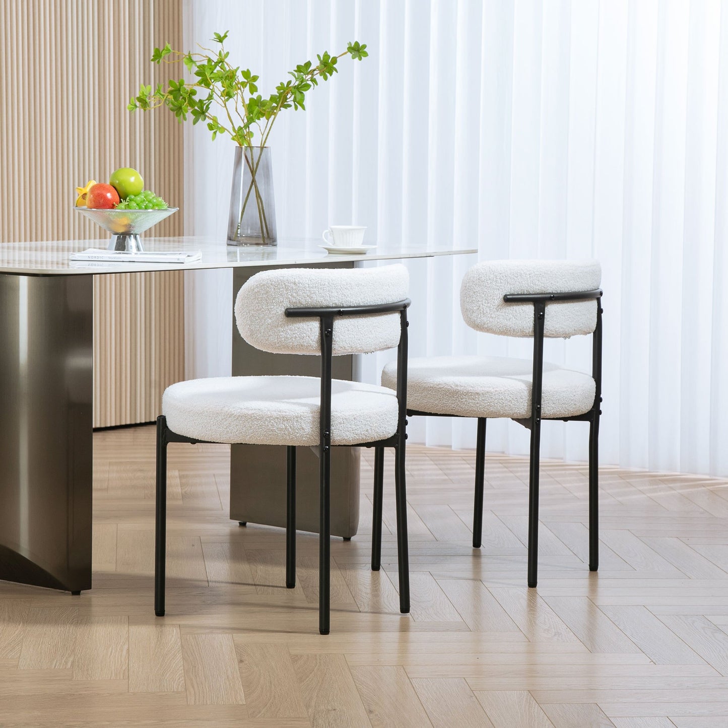 2pcs Dining Room Chairs, Fleece Upholstery, Chairs with Padded Seat, Metal Legs, Cream White