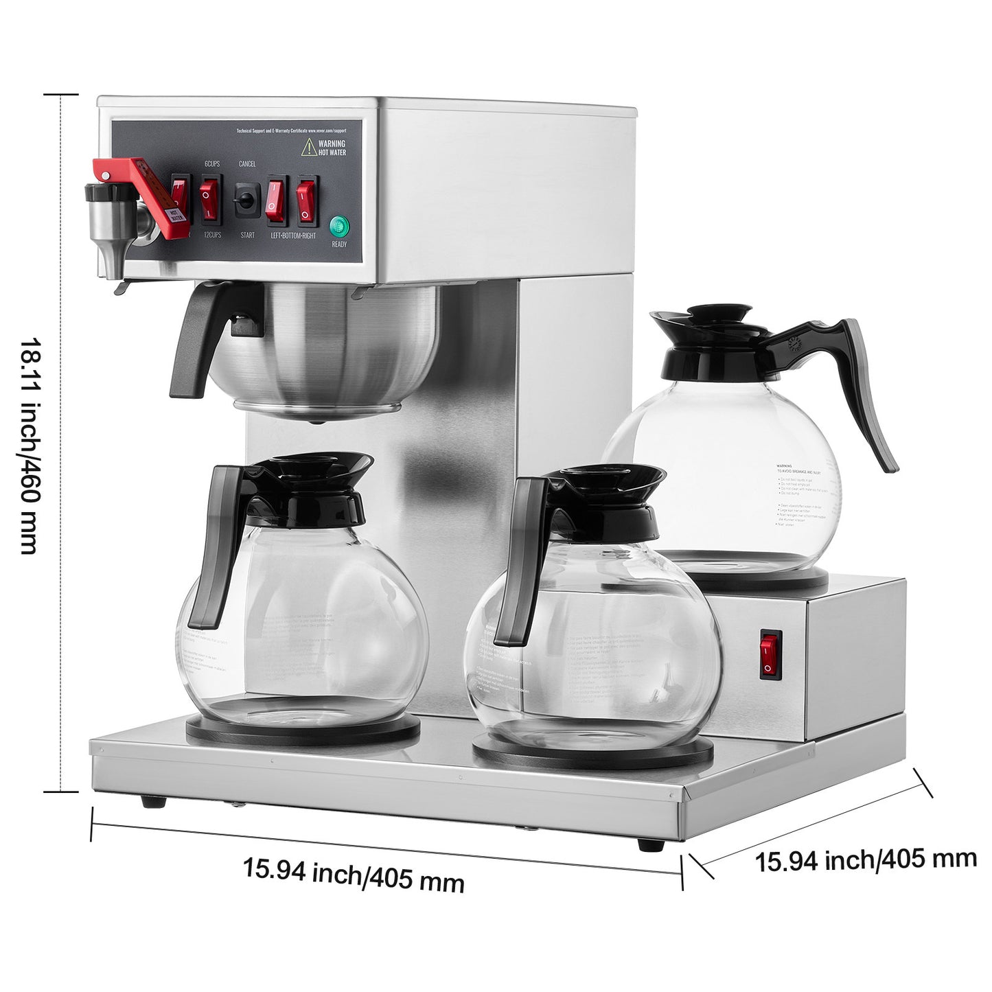 Filterkoffiemachine – Koffiezetapparaat – Drip koffiezetter – Commerciële koffiemachine – Horecakoffiemachine – 12 koppen capaciteit – 3 glazen kannen met warmhoudplaat
