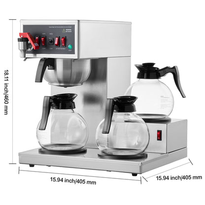 Filterkoffiemachine – Koffiezetapparaat – Drip koffiezetter – Commerciële koffiemachine – Horecakoffiemachine – 12 koppen capaciteit – 3 glazen kannen met warmhoudplaat