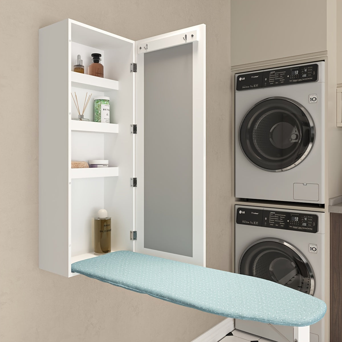 Strijkplank – Strijktafel – Strijkkast – Opklapbaar – Wandmontage – Ruimtebesparend – Hittebestendig Plywood – Inclusief Spiegel en Opbergruimte