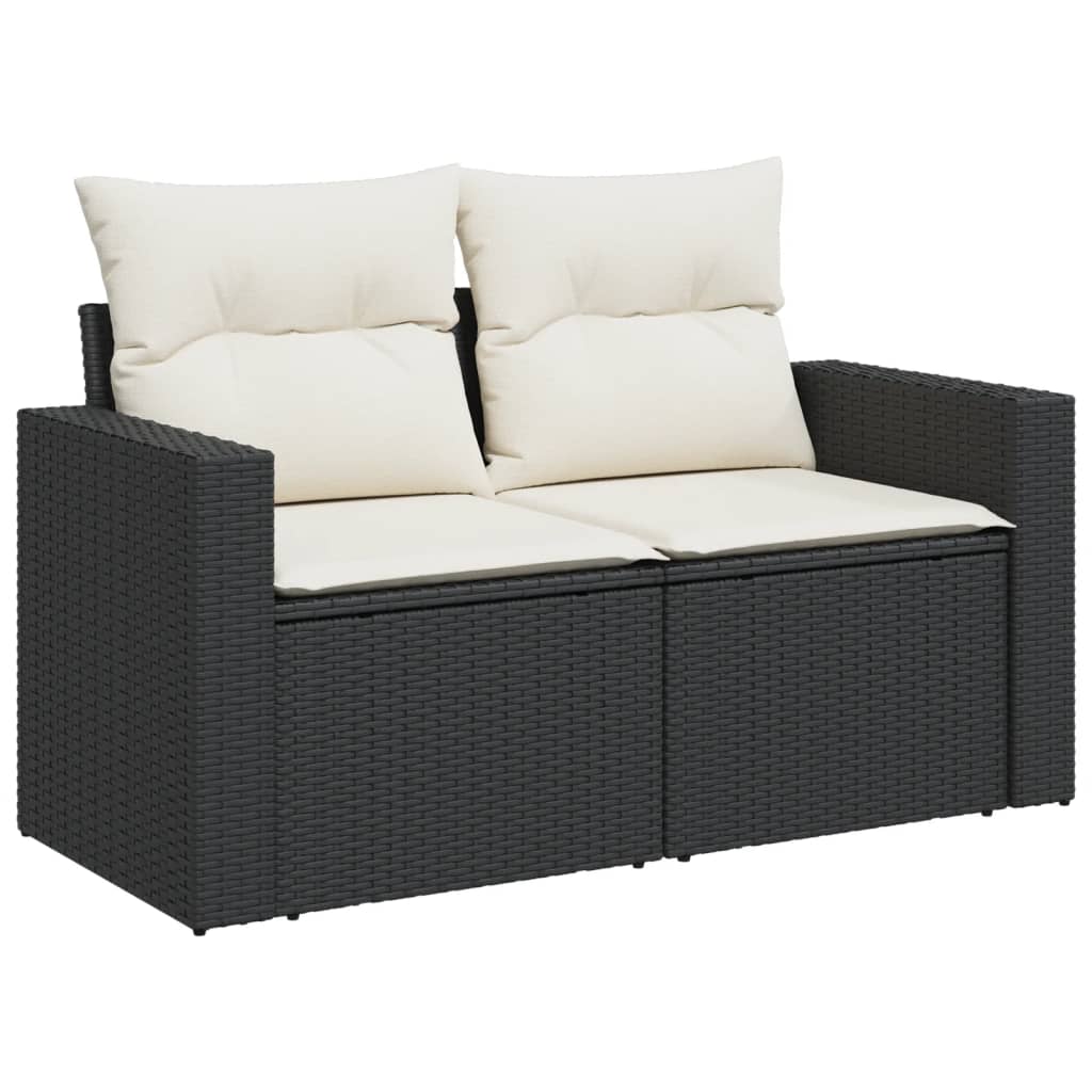 2-Persoons Tuinbank – Buitenbank – Rieten Bank – Loungeset Bankje – Tuinmeubel Bank – Weerbestendig Poly Rattan – Comfortabele Dikke Kussens – Zwart Frame Crème Kussens